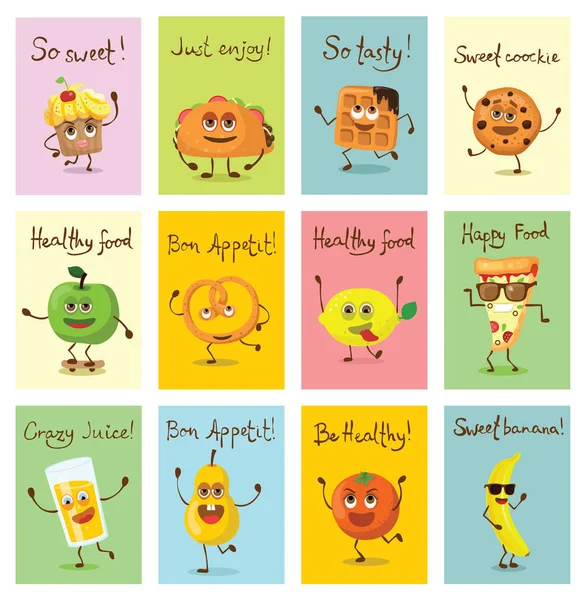 Set Cartoon Funny Food Posters Emotions — Stock Vector