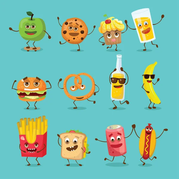 Set Van Grappige Voedsel Cartoon Instellen Met Emoties — Stockvector