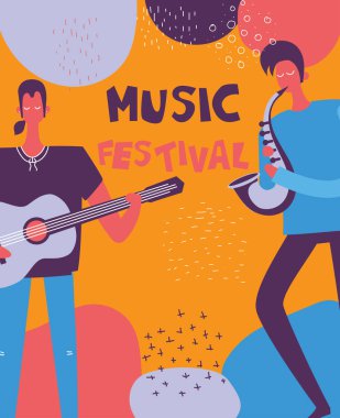 Müzisyenler ve aletleri ile caz müzik festivali afiş