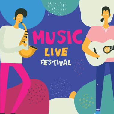 Müzisyenler ve aletleri ile caz müzik festivali afiş