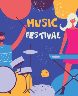 Müzisyenler ve aletleri ile caz müzik festivali afiş