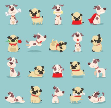 Pugs karikatür ve russells üzerinde mavi arka plan jack