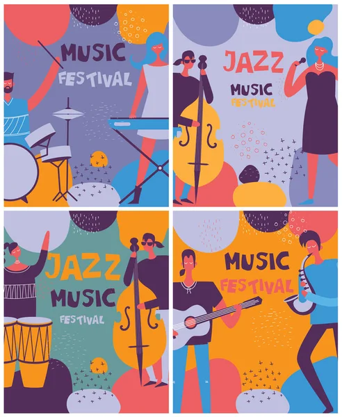 Zestaw Plakaty Festiwalu Jazz Muzyka Muzycy Instrumenty — Wektor stockowy