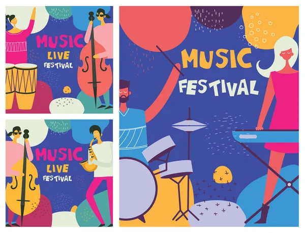 Zestaw Plakaty Festiwalu Jazz Muzyka Muzycy Instrumenty — Wektor stockowy