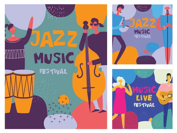 Zestaw Plakaty Festiwalu Jazz Muzyka Muzycy Instrumenty — Wektor stockowy