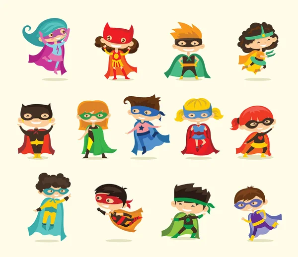 Kreslené Děti Nosí Komiksové Kostýmy Superhrdinů — Stockový vektor