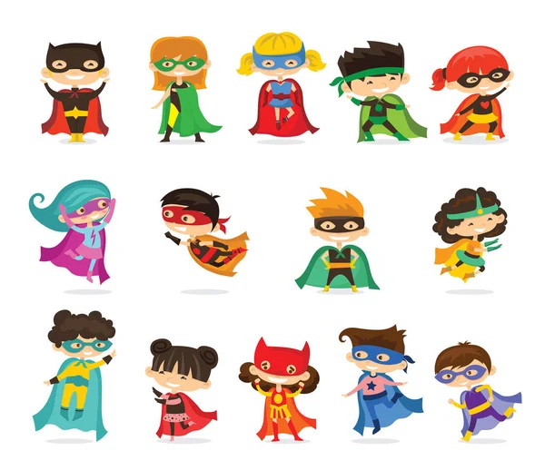 Çizgi Film Süper Kahraman Çizgi Roman Kostümler Giymiş Çocuklar — Stok Vektör