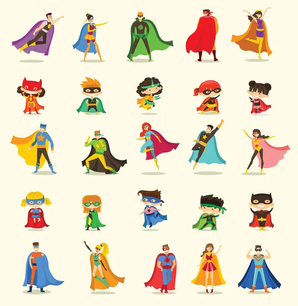 Niños Adultos Superhéroes Con Trajes Cómic — Vector de stock