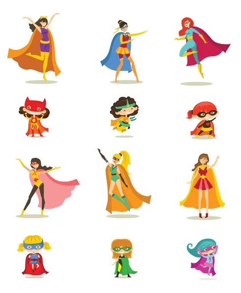 Set Personaggi Dei Supereroi Femminili Dei Cartoni Animati — Vettoriale Stock