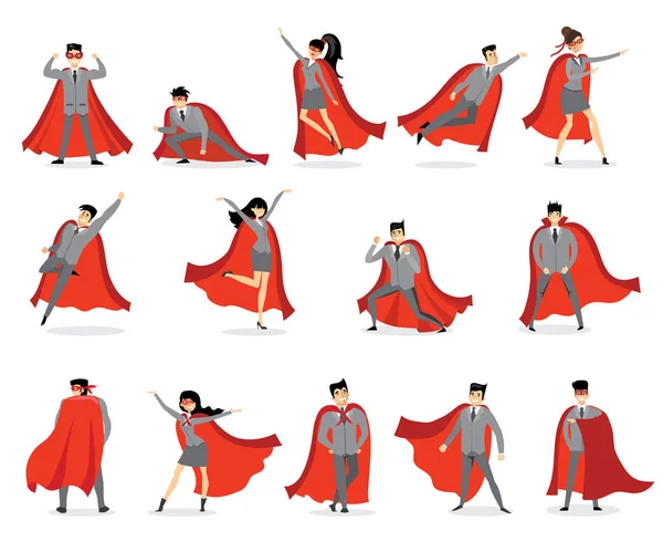 Набір Мультиплікаційних Жіночих Чоловічих Супергероїв Червоних Накидках — стоковий вектор