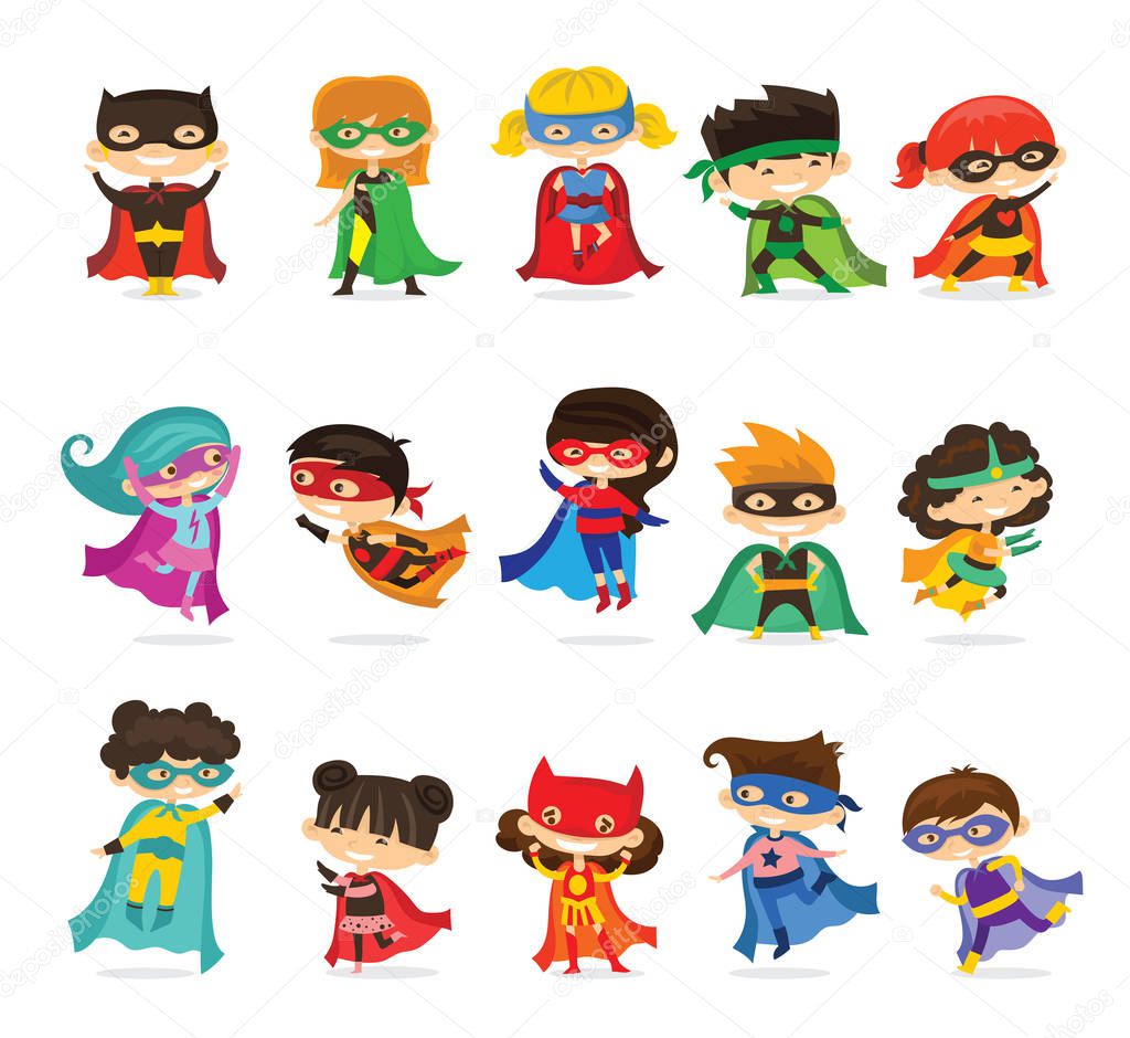 Cartoon kids superheroes wearing comics costumes