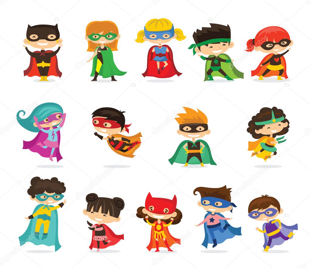 Cartoon kids superheroes wearing comics costumes