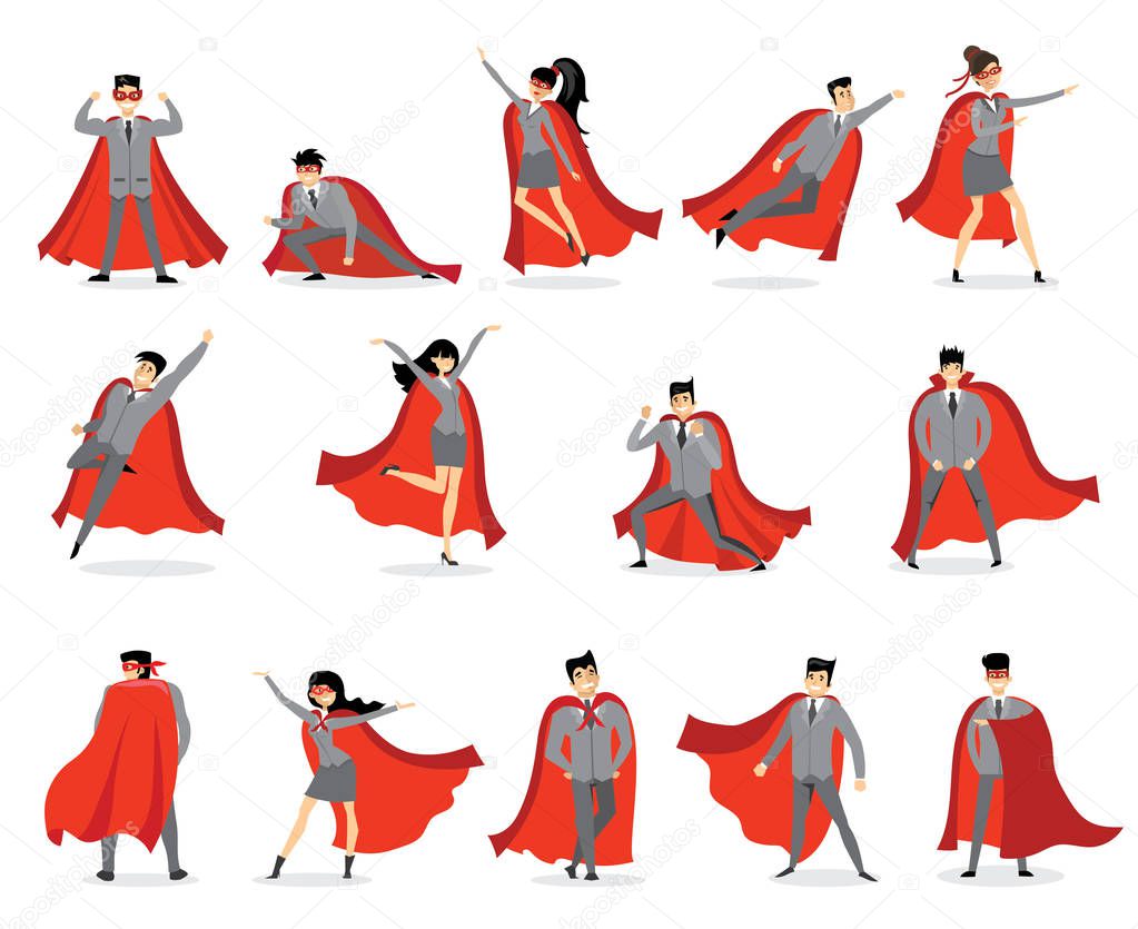 Set of cartoon female and male superheroes in red capes