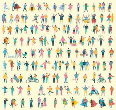 Düz stil içinde çeşitli karikatür karakter kümesi 