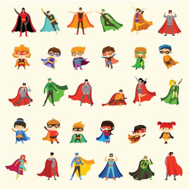 Süper komik komik kadın, erkek ve çocuklar superheroes düz tasarım vektör çizimler kostüm