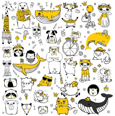 Şirin karalama yapan hippi hayvanların vektör seti. Tebrik kartı tasarımı, tişört baskısı ve çocuk posterleri için mükemmel..