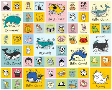 Çocuğun iç mekanlar, afiş ve posterler için şirin mutlu hayvan yüzleri ile kartları vektör ayarla.