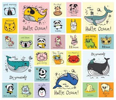 Çocuğun iç mekanlar, afiş ve posterler için şirin mutlu hayvan yüzleri ile kartları vektör ayarla.