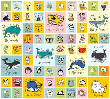 Çocuğun iç mekanlar, afiş ve posterler için şirin mutlu hayvan yüzleri ile kartları vektör ayarla.