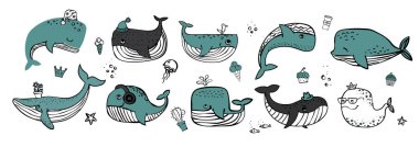 Sevimli balina ve sualtı sakinleri ile vektör çizim