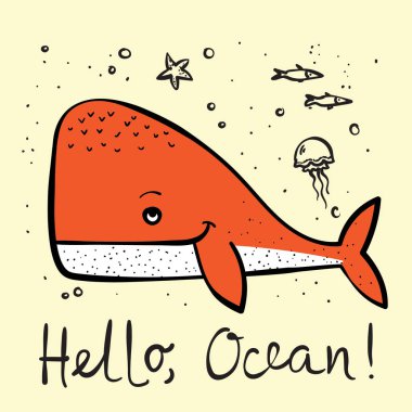 İllüstrasyon kart şirin balinalar ile vektör ve komik çizilmiş metin el - kendin ol