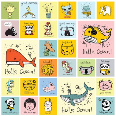 Çocuğun iç mekanlar, afiş ve posterler için şirin mutlu hayvan yüzleri ile kartları vektör ayarla.