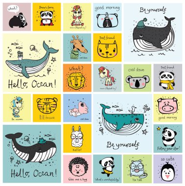 Çocuğun iç mekanlar, afiş ve posterler için şirin mutlu hayvan yüzleri ile kartları vektör ayarla.