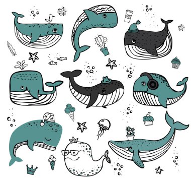 Sevimli balina ve sualtı sakinleri ile vektör çizim