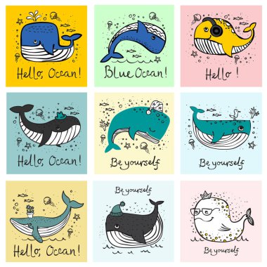 Vektör çizim kartları ile sevimli balina