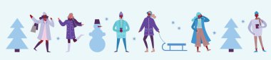 Vektör çizim düz tasarım kış sezon arka plan insanlarla minimalist düz tasarım görünümünde açık 