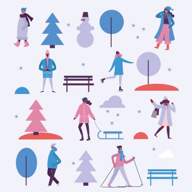 Vektör çizim düz tasarım kış sezon arka plan insanlarla minimalist düz tasarım görünümünde açık 