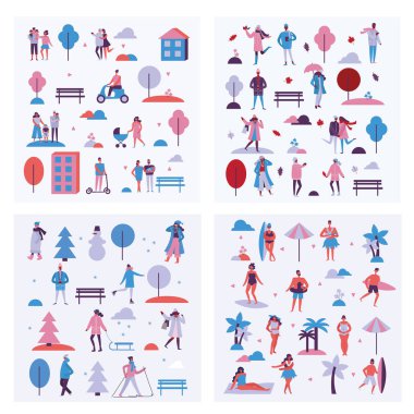 Vektör çizim arka sezon insanların açık - yaz, sonbahar, İlkbahar ve kış düz tasarım