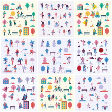 Vektör çizim arka sezon insanların açık - yaz, sonbahar, İlkbahar ve kış düz tasarım