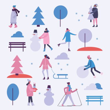 Vektör çizim düz tasarım kış sezon arka plan insanlarla minimalist düz tasarım görünümünde açık 
