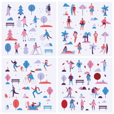 Vektör çizim arka sezon insanların açık - yaz, sonbahar, İlkbahar ve kış düz tasarım