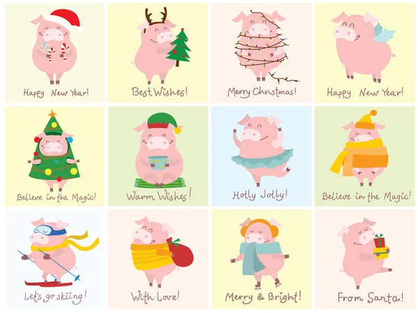 çizilmiş Noel tebrik kartları Noel hediyeleri ve komik yıl - sarı domuzla sembolü ile el