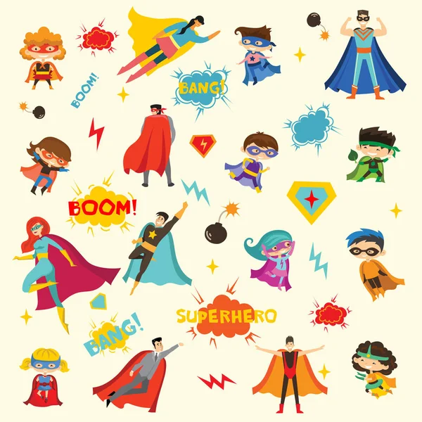 Векторні Ілюстрації Плоскому Дизайні Жіночих Чоловічих Дитячих Супергероїв Смішних Коміксах — стоковий вектор