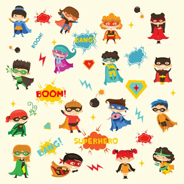 Ilustración Vectorial Dibujos Animados Kid Superheroes Con Trajes Cómic Aislados — Vector de stock
