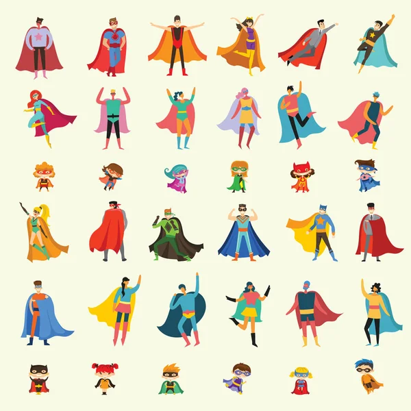 Ilustraciones Vectoriales Diseño Plano Superhéroes Femeninos Masculinos Niños Cómics Divertidos — Vector de stock