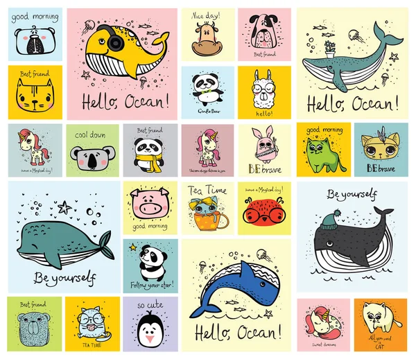 Çocuğun iç mekanlar, afiş ve posterler için şirin mutlu hayvan yüzleri ile kartları vektör ayarla.