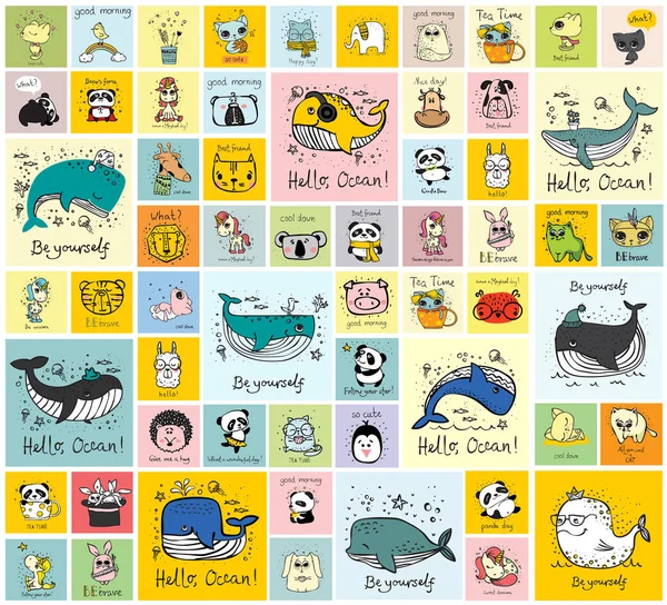 Çocuğun iç mekanlar, afiş ve posterler için şirin mutlu hayvan yüzleri ile kartları vektör ayarla.