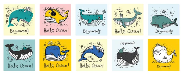 Ilustração Vetorial Com Baleias Bonitos Habitantes Subaquáticos —  Vetores de Stock