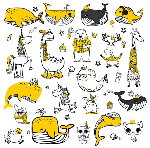 Şirin karalama yapan hippi hayvanların vektör seti. Tebrik kartı tasarımı, tişört baskısı ve çocuk posterleri için mükemmel..