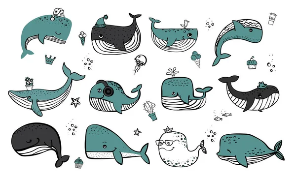 Vector Illustration Cute Whales Underwater Inhabitants — Stock Vector