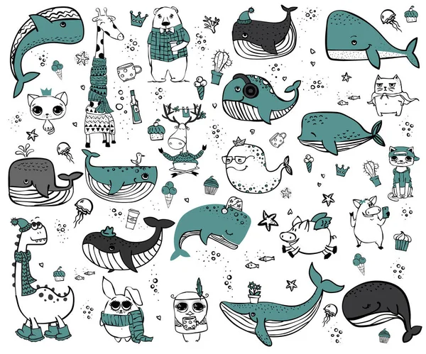 Vektör çizim şirin balinalar ve diğer deniz ve okyanus sualtı sakinleri ile