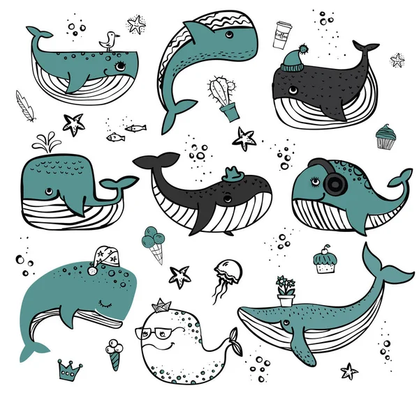 Sevimli balina ve sualtı sakinleri ile vektör çizim