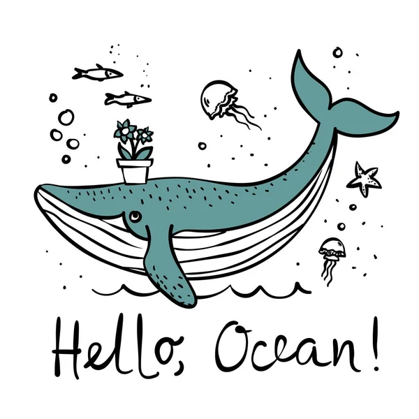 Vektör çizim kartlarla şirin balinalar ve komik çizilmiş metinler el