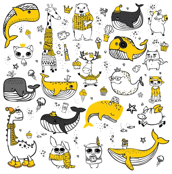 一群可爱的涂鸦嬉皮士动物 完美的贺卡设计 T恤衫和儿童海报 — 图库矢量图片