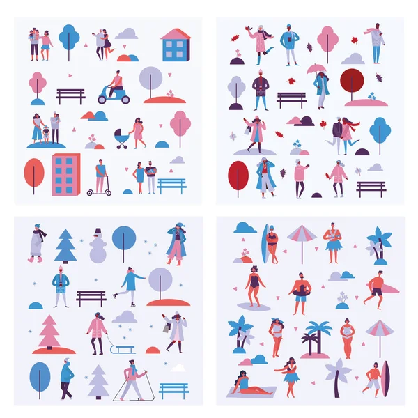 Vektör çizim arka sezon insanların açık - yaz, sonbahar, İlkbahar ve kış düz tasarım