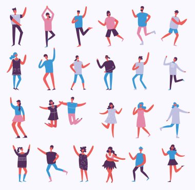 Grup dans ve şarkı söyleyen insanlar düz bir tarzda vektör çizim